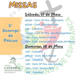 Confira os horários de missas para o fim de semana, dias 17 e 18 de maio
