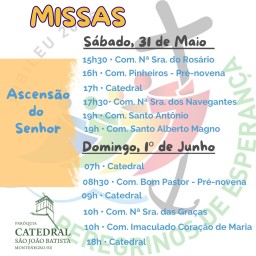 Confira os horários de missas para o fim de semana, dias 31 de maio e 1º de junho